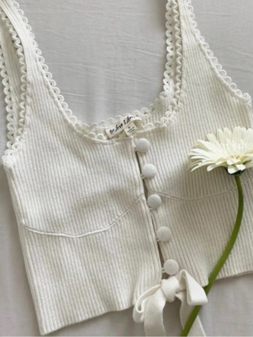 For Love & Lemons Scalloped-Trim Ribbed Button Tank in Ivory